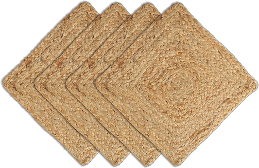 Natural Jute Placemat Set of 4 - Square 13 Inch Decorative Reversible Braided Hand Woven Charger for Dinner Table Décor Farmhouse Christmas Wedding Family Gathering Party and Everyday Use