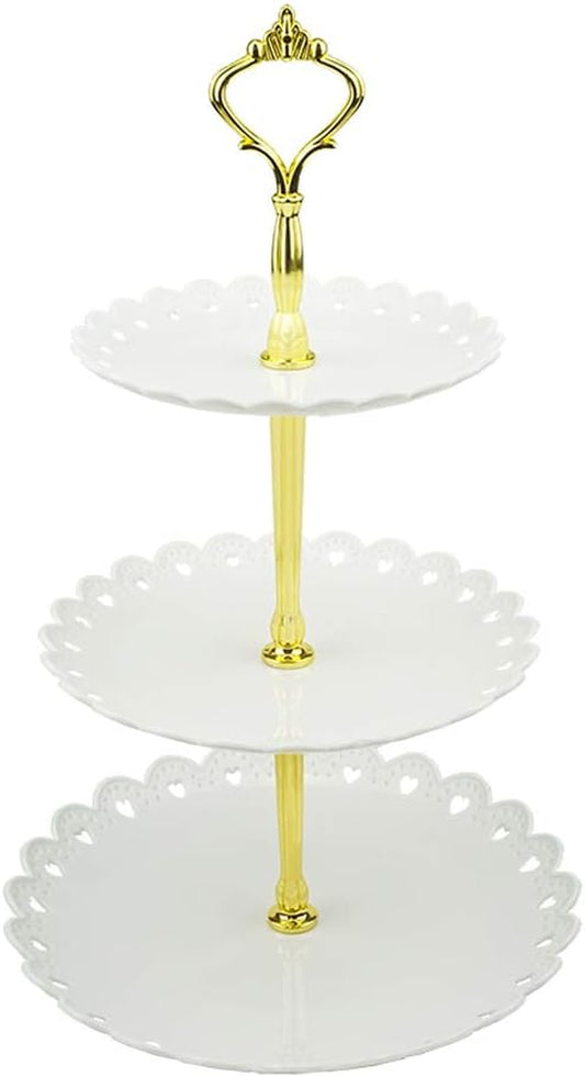 3-Tier White Gold Plastic Dessert Stand Pastry Stand Cake Stand Cupcake Stand Holder Serving Platter for Party Wedding Home Decor