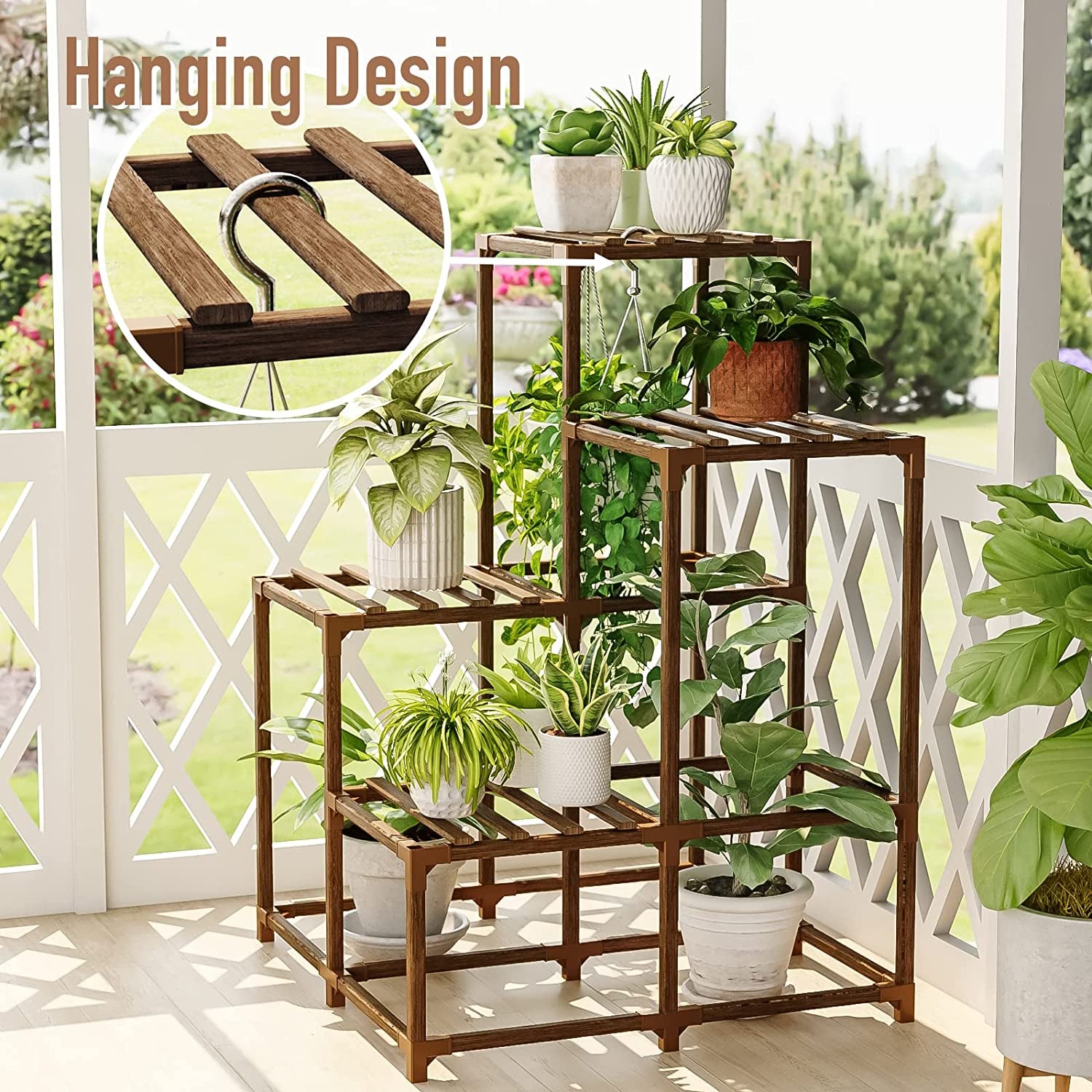 Plant Stand Indoor Outdoor Corner Shelf Plant Holder 4-Tier Flower Stand Wood Plant Rack Indoor Multiple Plants Patio Balcony Garden Livingroom