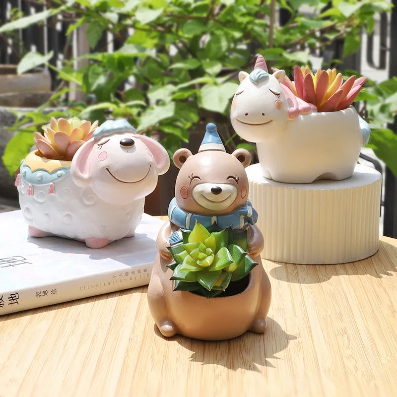 Cartoon Animal Flower Pot for Succulents Cactus Plants, Unicorn Elephant Bear Fairy Garden Figurine, Home Tabletop Decor