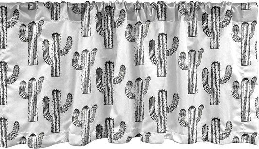 Black and White Window Valance, Repetitive Pattern of Outline Exotic Cactus Plants Image, Curtain Valance for Kitchen Bedroom Decor with Rod Pocket, 54" X 18", White Black