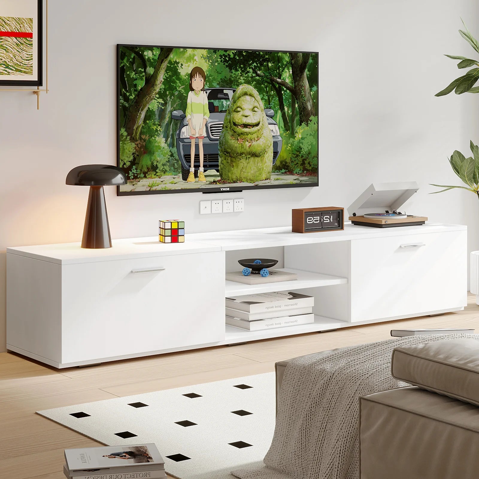 Modern TV Stand for 55/65/70 Inch Tvs, 2 Storage Cabinets 2 Open Shelves, 2-In-1 TV Cabinet & Coffee Table for Home Decor, Media Cabinet for Living Room Bedroom, White