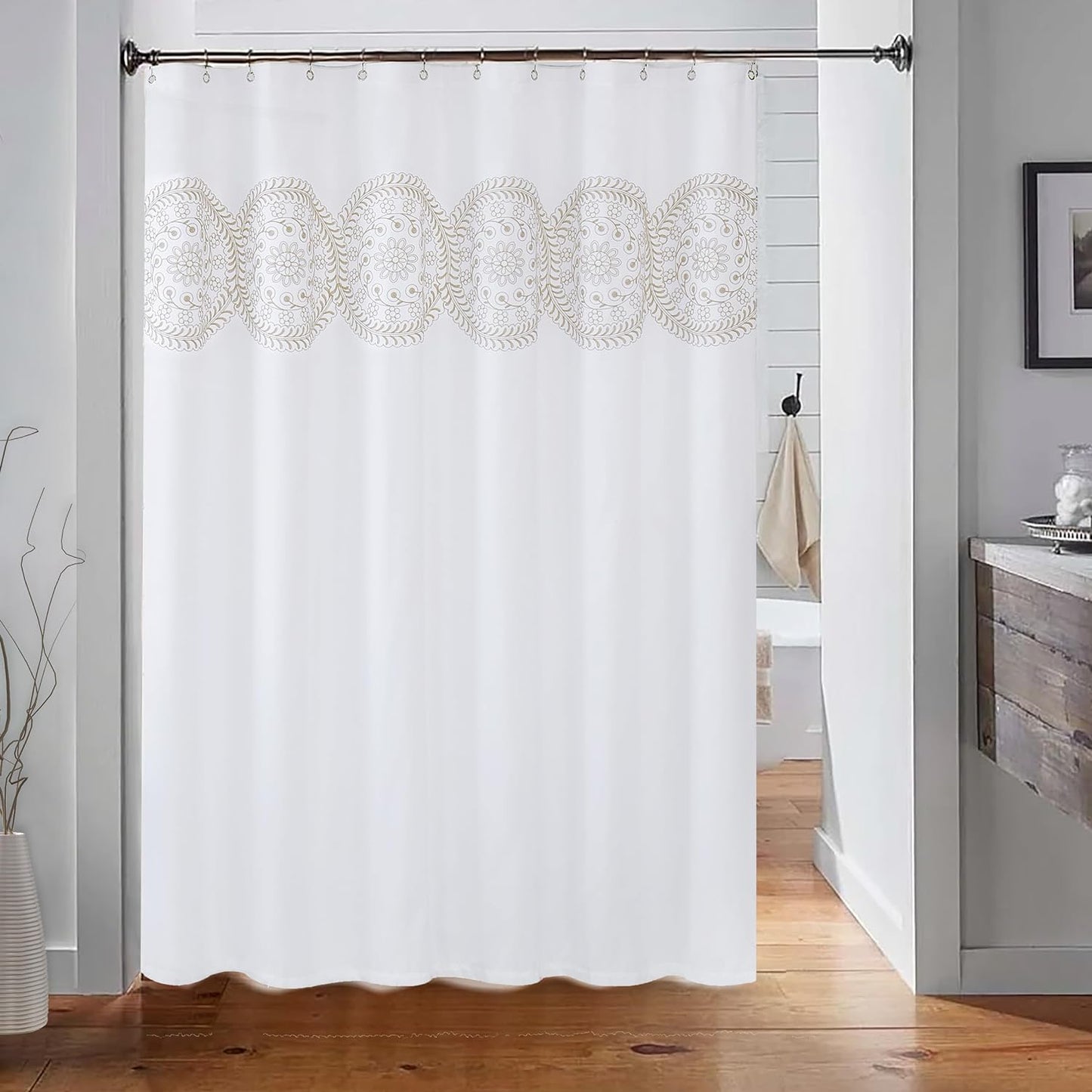 Tan and White Embroidered Shower Curtain for Bathroom, Farmhouse Boho Floral Fabric White and Beige/Ivory/Taupe/Cream Decorative Waterproof Rustic Bath Curtain for Spa Hotel, 70X72 Inches