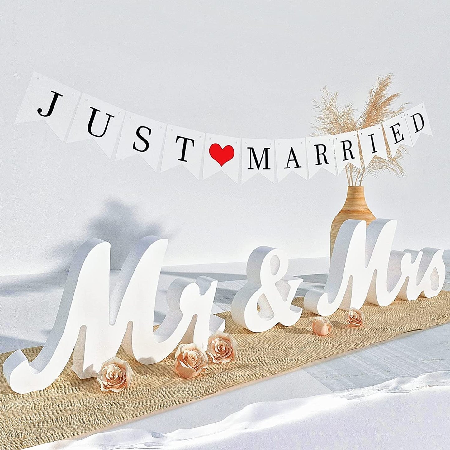 Large White Mr & Mrs Sign for Wedding Table with Just Married Banner - Wooden Letter Decorations for Anniversary