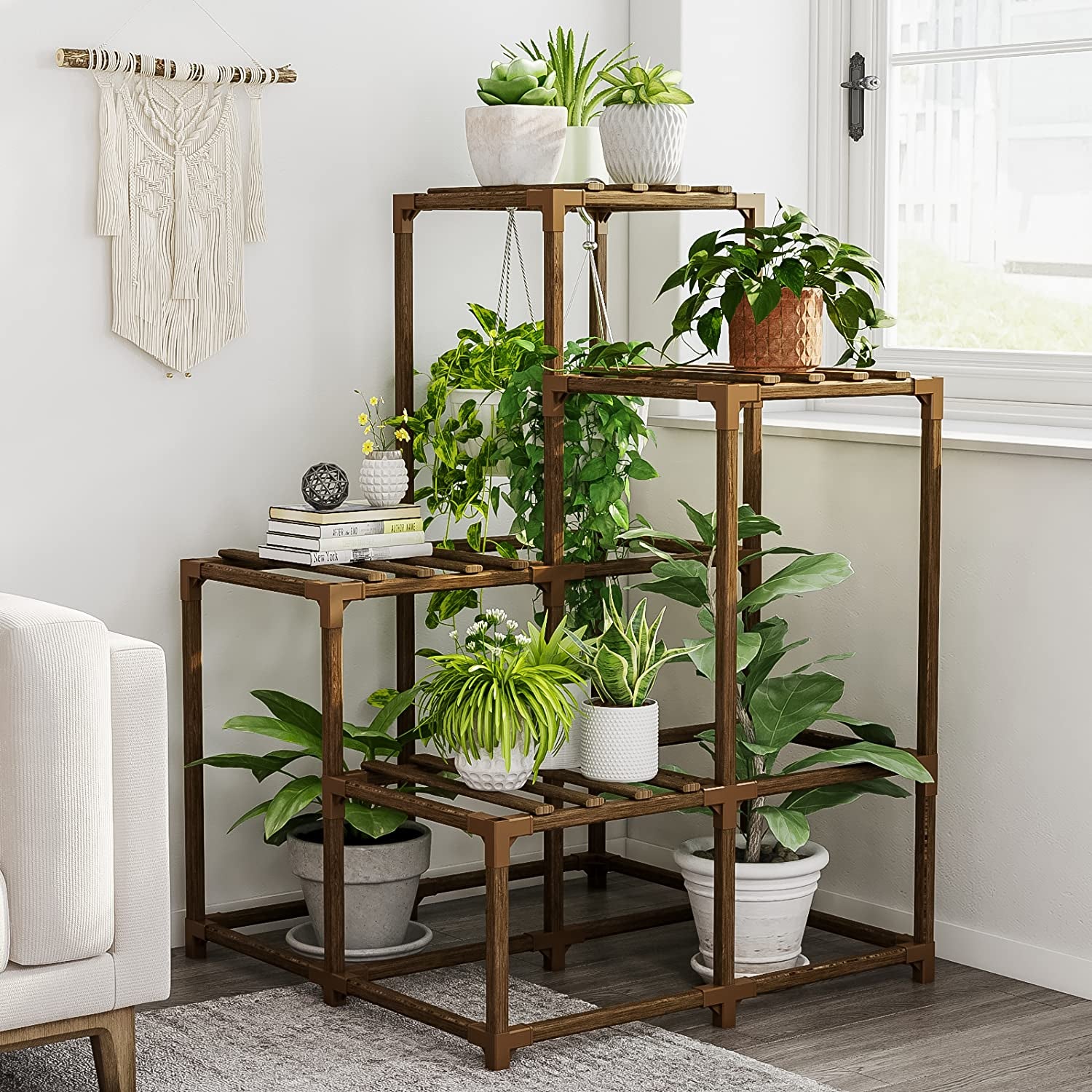 Plant Stand Indoor Outdoor Corner Shelf Plant Holder 4-Tier Flower Stand Wood Plant Rack Indoor Multiple Plants Patio Balcony Garden Livingroom