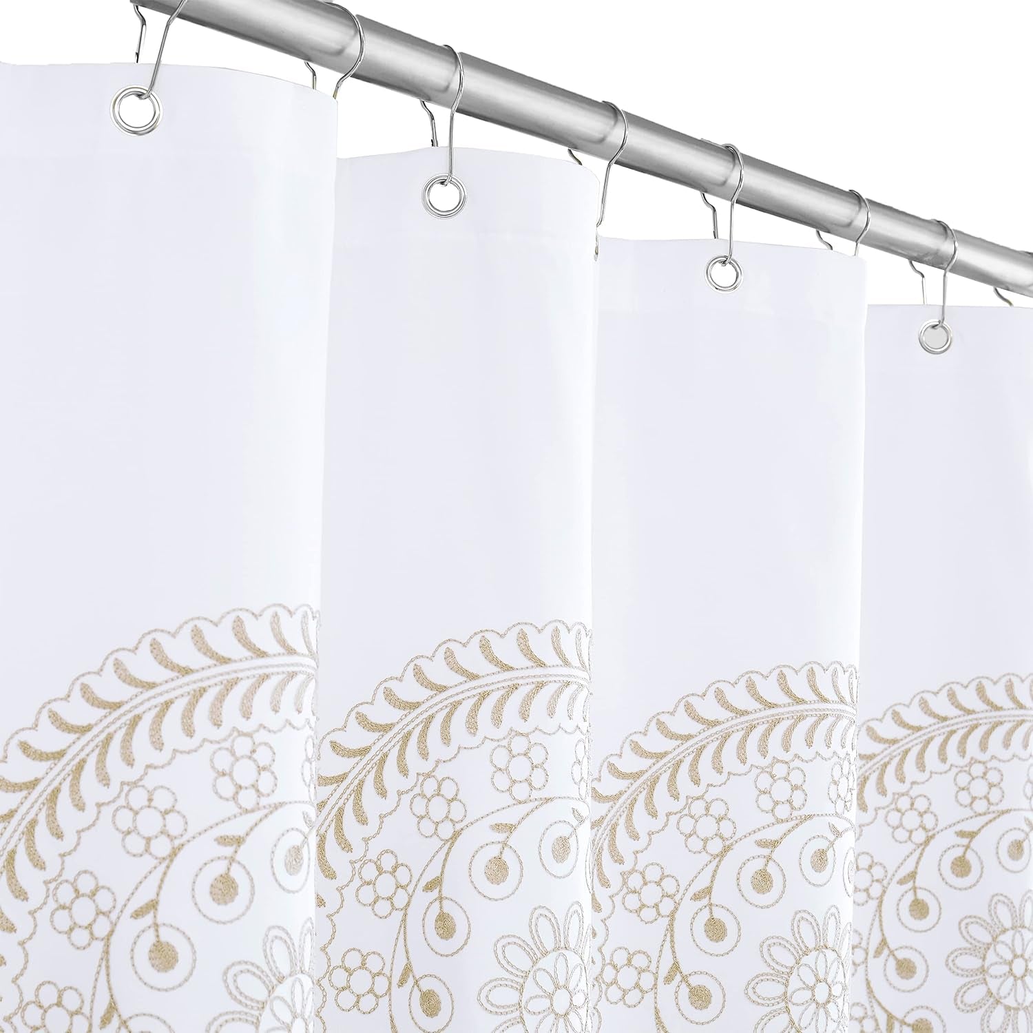 Tan and White Embroidered Shower Curtain for Bathroom, Farmhouse Boho Floral Fabric White and Beige/Ivory/Taupe/Cream Decorative Waterproof Rustic Bath Curtain for Spa Hotel, 70X72 Inches