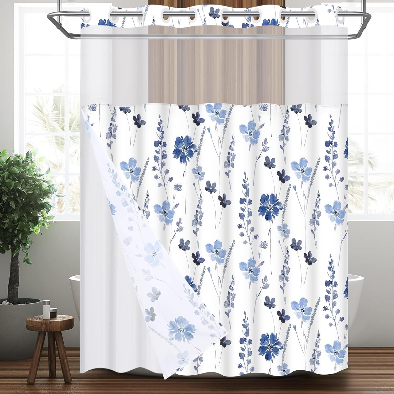 No Hook Shower Curtain with Snap in Liner, Blue Watercolor Floral Shower Curtain with Liner, Hotel Style Shower Curtain with See through Top Window, Double Layer, Waterproof, 71" X 74"