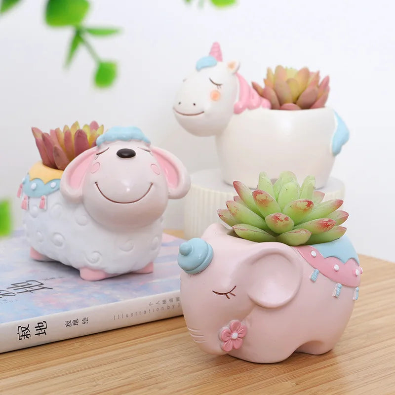 Cartoon Animal Flower Pot for Succulents Cactus Plants, Unicorn Elephant Bear Fairy Garden Figurine, Home Tabletop Decor