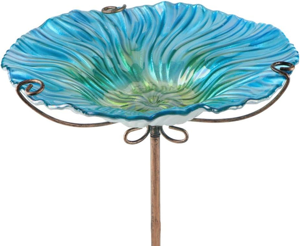 Outdoor Bird Bath Glass Birdbath Garden Bird Feeder with Metal Stake (Blue)