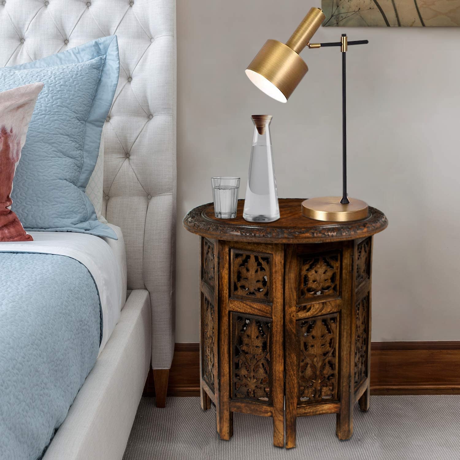 Solid Wood Accent End Table - Hand Carved Vintage Boho Folding Side Table - Small Spaces Entryway Farmhouse Living Room Bedside - No Tools Assembly -18X18 round - Jaipur Antique Brown