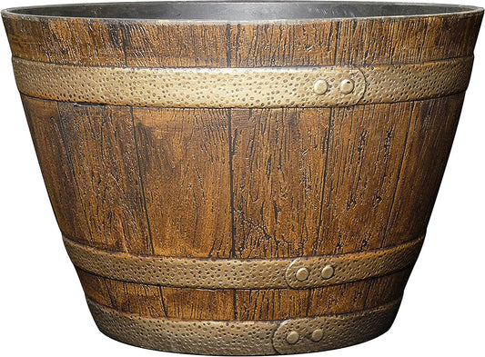 Whiskey Plastic Resin Flower Pot Barrel Planter, Oak Brown, 15"