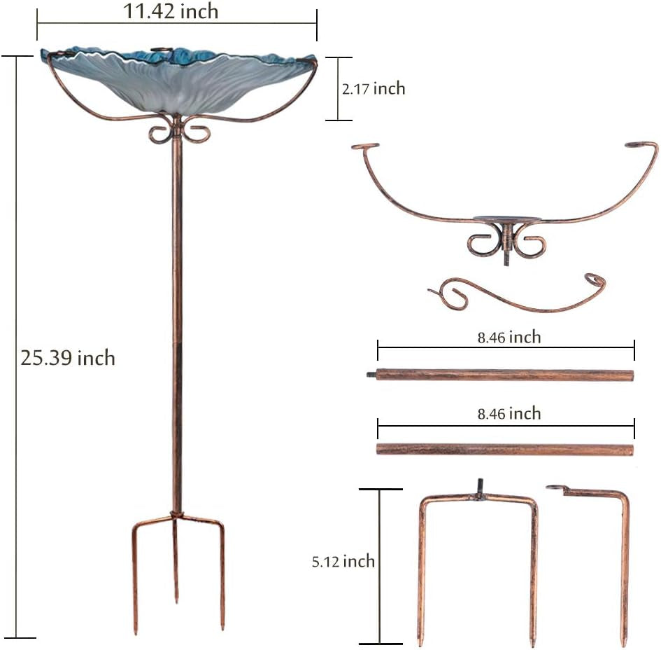 Outdoor Bird Bath Glass Birdbath Garden Bird Feeder with Metal Stake (Blue)