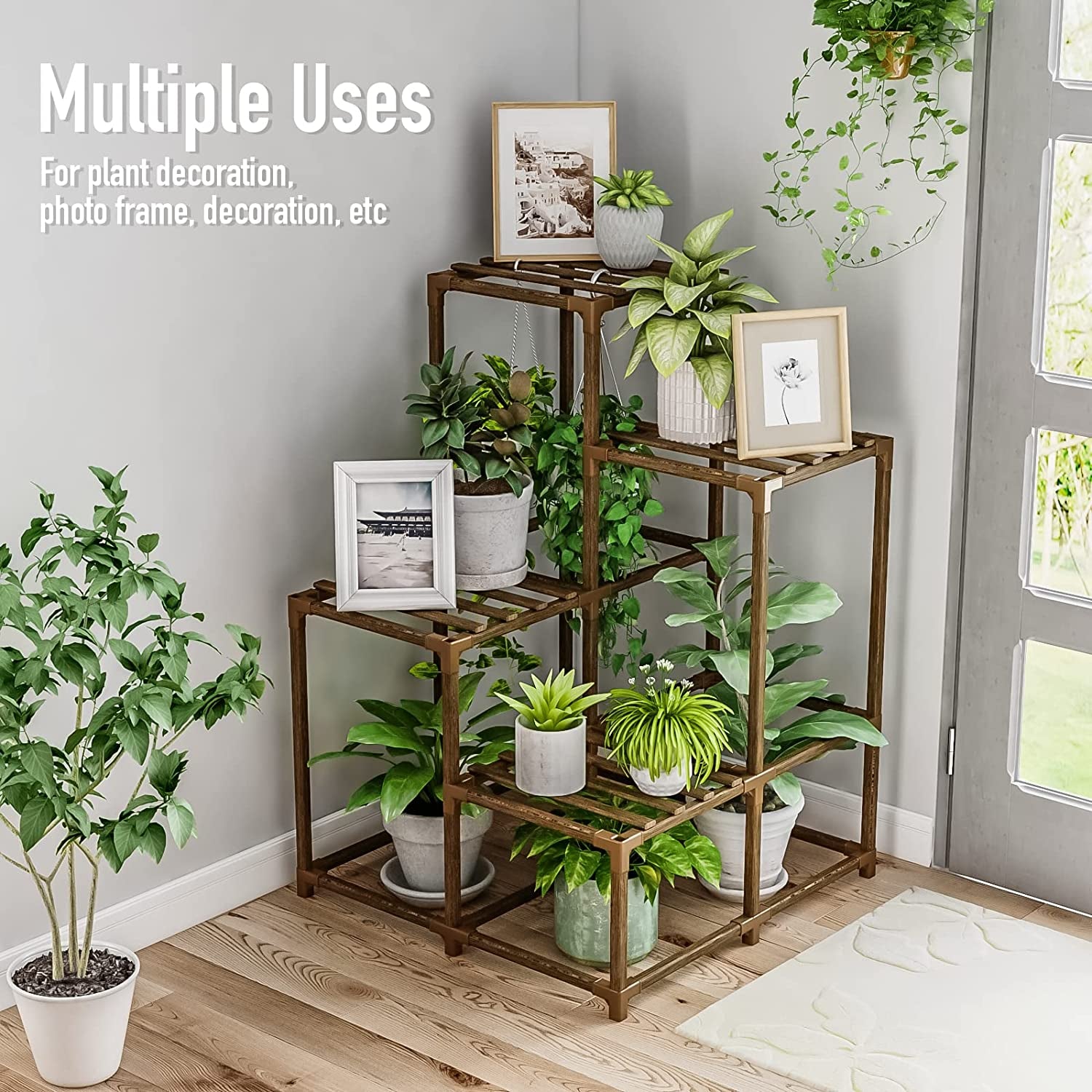 Plant Stand Indoor Outdoor Corner Shelf Plant Holder 4-Tier Flower Stand Wood Plant Rack Indoor Multiple Plants Patio Balcony Garden Livingroom