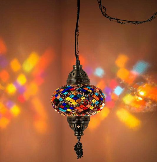 Authentic Turkish Plug in Pendant Light, 6.5" Big Size Globe, Made in Turkey, Turkish Moroccan Mosaic Ceiling Hanging Pendant Light Fixture Lamp, Swag Plug-In with 15Ft Cord and Chain