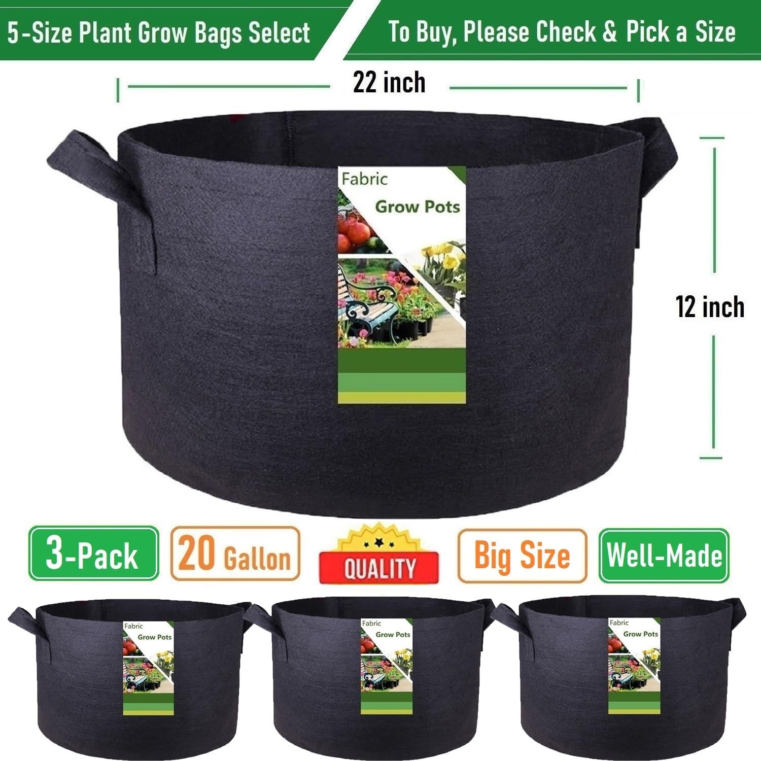 3-Pack 20 Gallon Thickened Plant Grow Bags (22X12 Inch) Big Fabric Plant Pots for Tomato,Potato Planter,Herbs Vegetables Plant Bags,Flower Pot,Barrel Planter,Container Garden,Yard Waste Bags,Leaf Bags