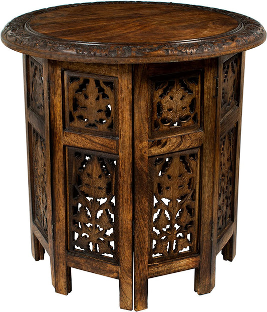 Solid Wood Accent End Table - Hand Carved Vintage Boho Folding Side Table - Small Spaces Entryway Farmhouse Living Room Bedside - No Tools Assembly -18X18 round - Jaipur Antique Brown