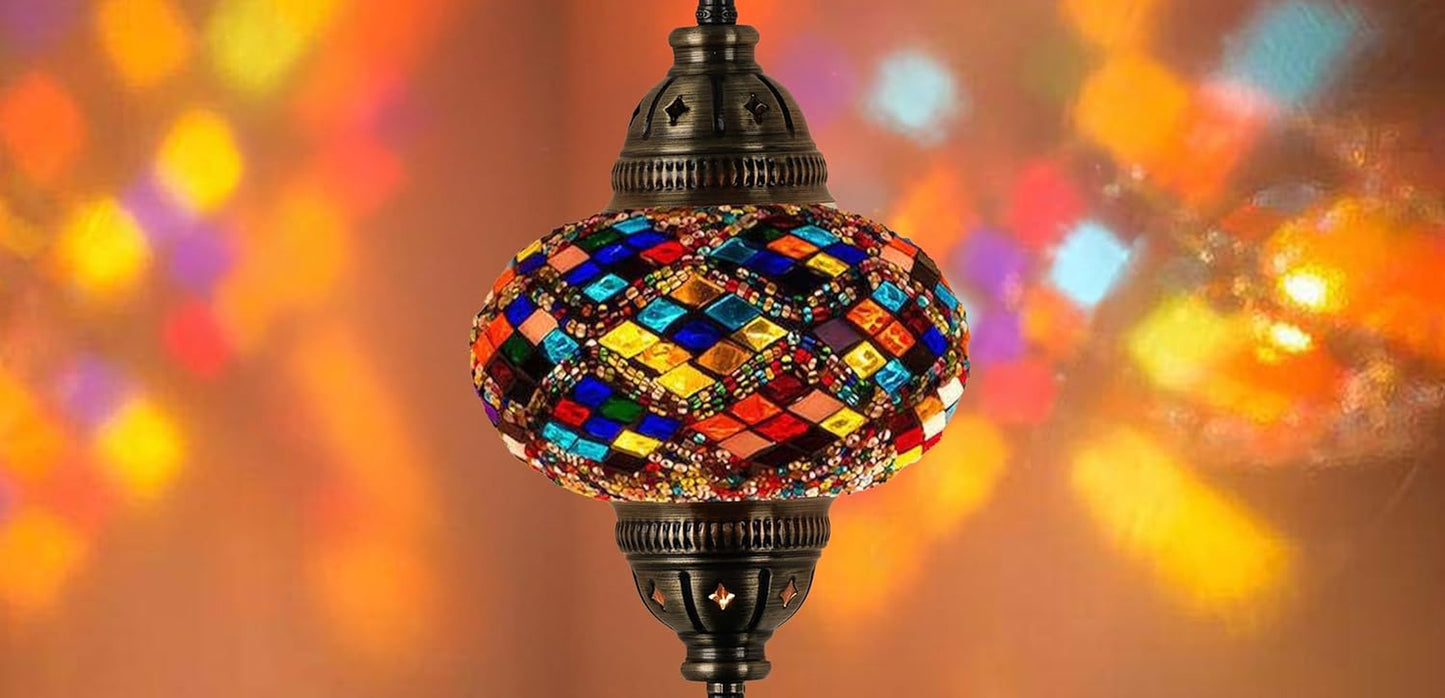 Authentic Turkish Plug in Pendant Light, 6.5" Big Size Globe, Made in Turkey, Turkish Moroccan Mosaic Ceiling Hanging Pendant Light Fixture Lamp, Swag Plug-In with 15Ft Cord and Chain