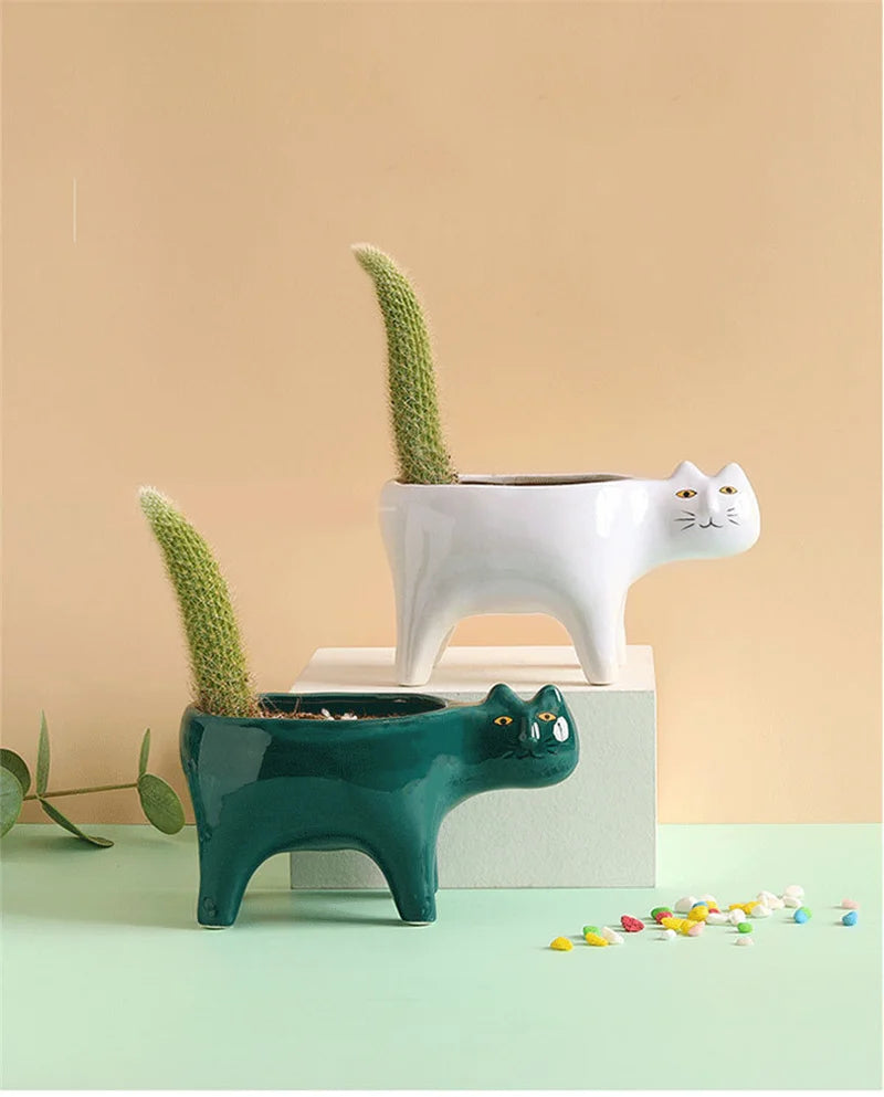 Cute Cat Ceramic Garden Flower Pot Animal Image Cactus Plants Planter Succulent Plant Container Tabletop Ornaments Decoration