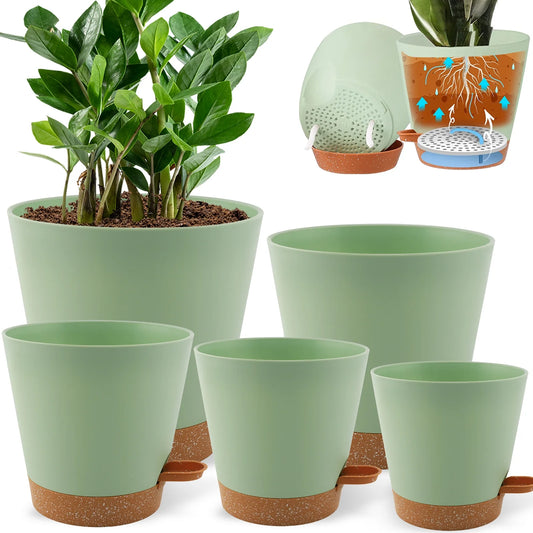 Self Watering Planters, 7/6.5/6/5.5/5 Inch Self Watering Plant Pots with Drainage Hole for Indoor and Outdoor Plants, 5 Pack, Green