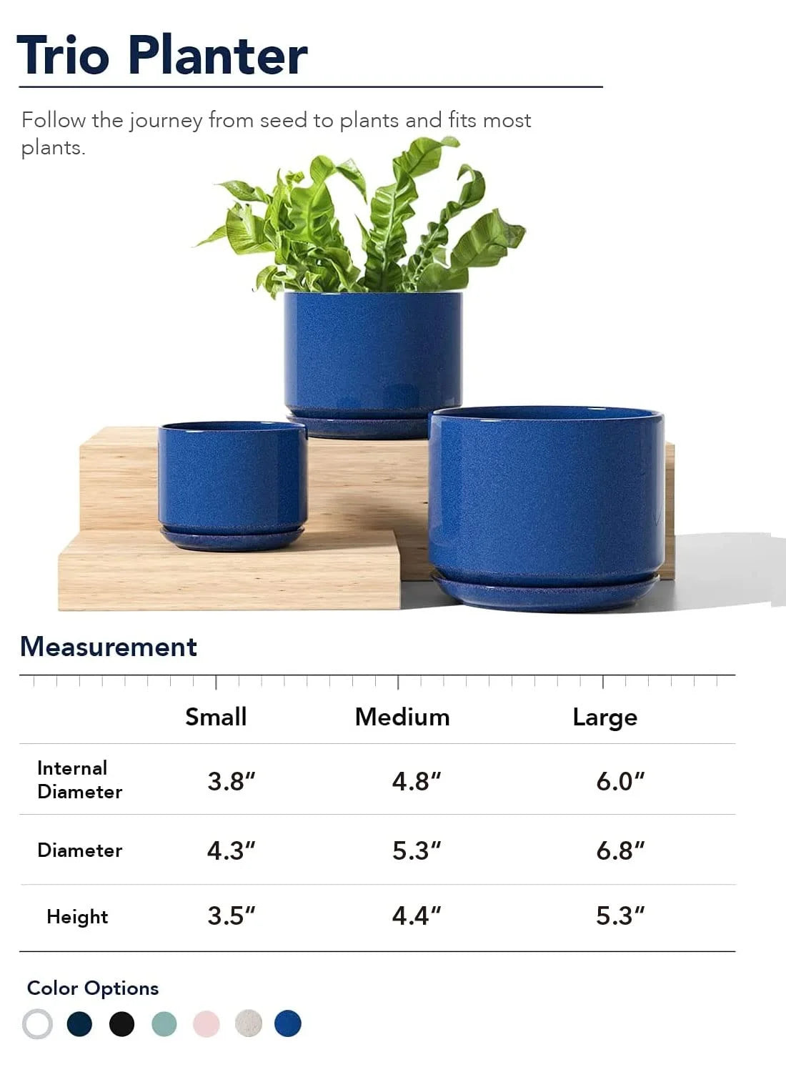 Ceramic Plant Pots, 4.3"+5.3"+6.8" Flower Pots with Drainage Hole & Saucer, Pack of Three Planter, Sapphire Blue