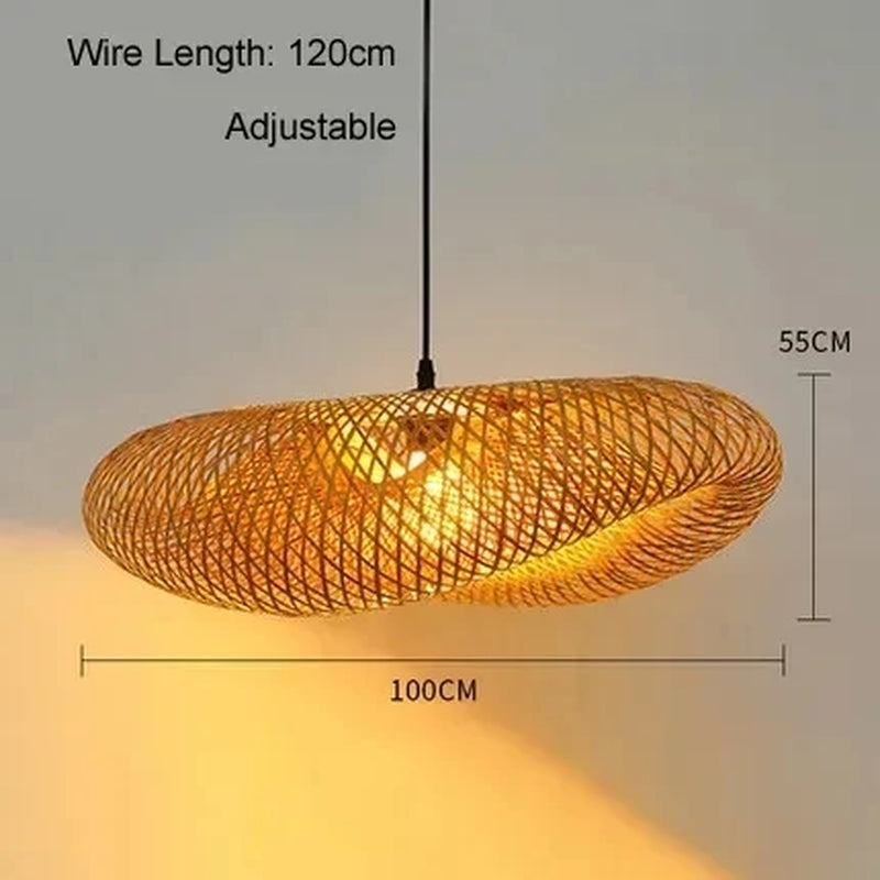 Handmade Vintage Bamboo Weaving LED Pendant Light Home Hanging Chandelier Lighting Living Room Kitchen Rattan Woven Pendant Lamp