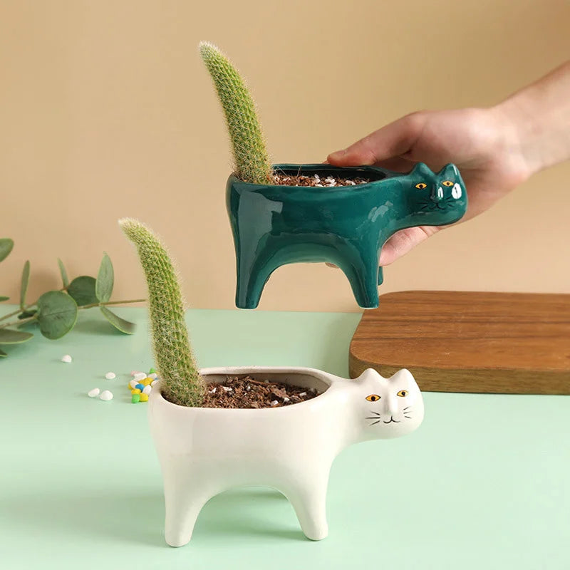 Cute Cat Ceramic Garden Flower Pot Animal Image Cactus Plants Planter Succulent Plant Container Tabletop Ornaments Decoration