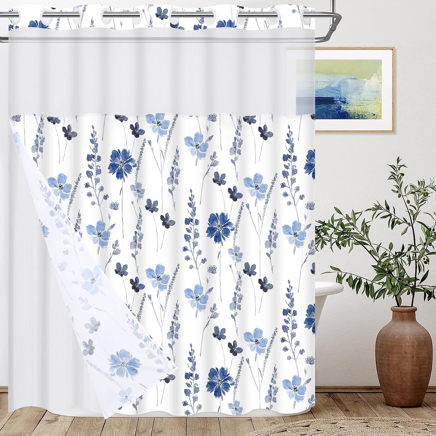 No Hook Shower Curtain with Snap in Liner, Blue Watercolor Floral Shower Curtain with Liner, Hotel Style Shower Curtain with See through Top Window, Double Layer, Waterproof, 71" X 74"