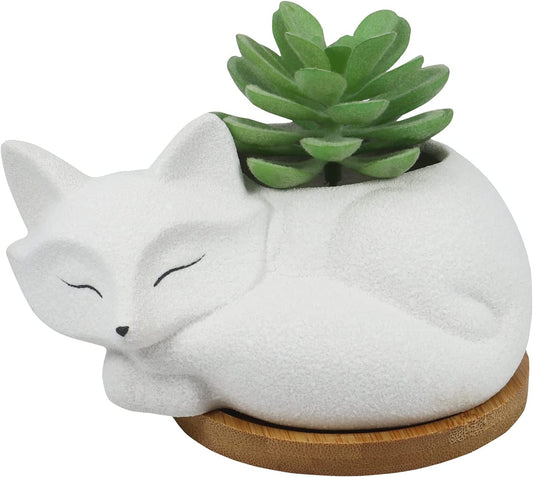 Cute Fox Succulent Planter Pot with Drainage Tray, White Ceramic Cactus/Flower Container, Animal Bonsai Holder for Air Plants