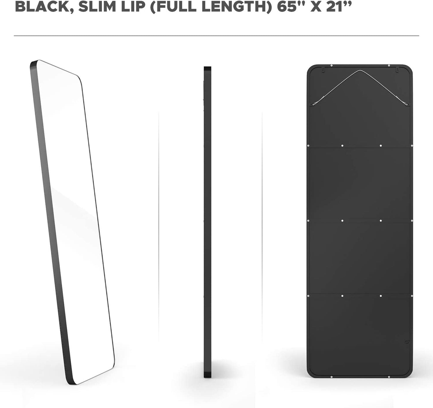 Large Full Length Body Mirror for Floor & Wall in Bedroom - Metal Frame - Big & Tall Long Mirror for Leaning - Full Length Wall Mirror Size 65" X 21" (Black, Slim Lip)