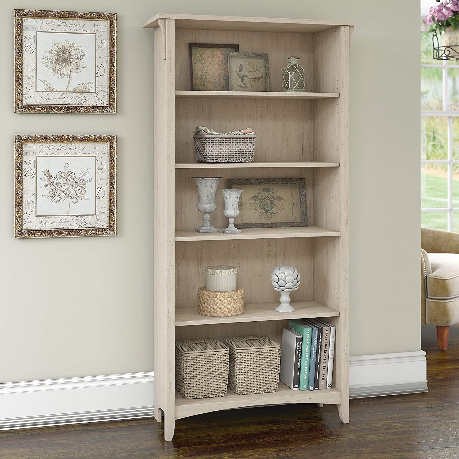 Bush Furniture Salinas Tall 5 Shelf Bookcase in Antique White