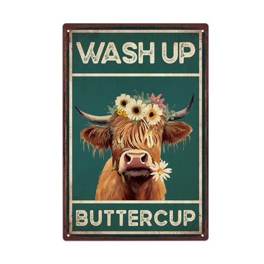 Wash up Buttercup Metal Sign, Funny Cow Retro Bathroom Wall Decor for Toilet, Kitchen, 12 X 8 Inches Aluminum