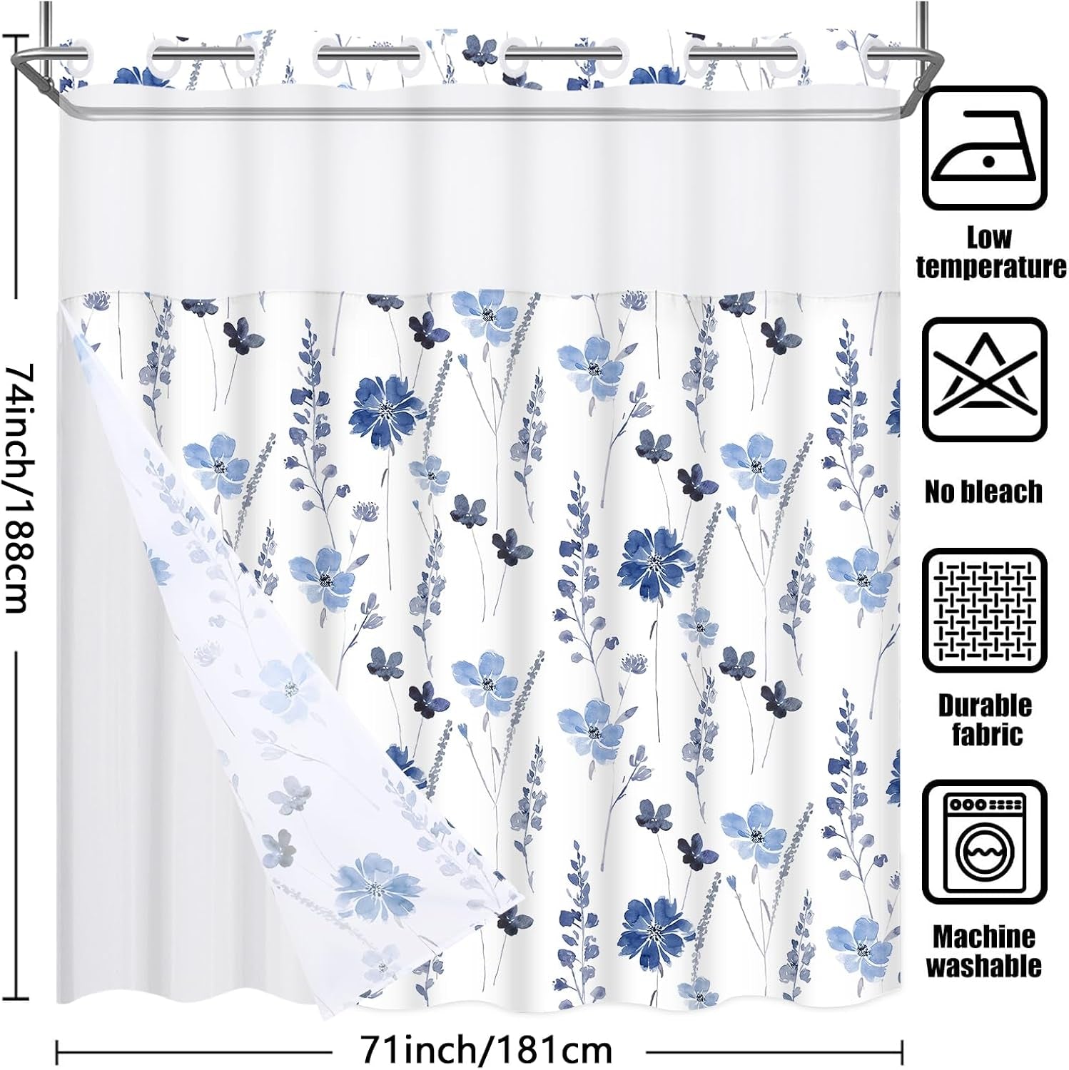 No Hook Shower Curtain with Snap in Liner, Blue Watercolor Floral Shower Curtain with Liner, Hotel Style Shower Curtain with See through Top Window, Double Layer, Waterproof, 71" X 74"