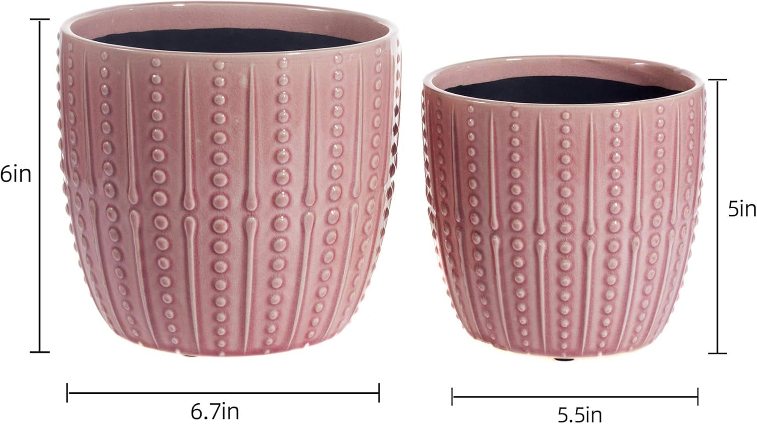 Ceramic Plant Pot - 6.5" and 5.5" Indoor Planters with Drainage Holes (Pink)