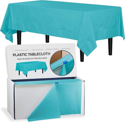 Light Blue Plastic 54X300 Inches Tablecloth Roll with Built-In Cutter, 300 Feet, Rectangular, All-Season, 1 Count