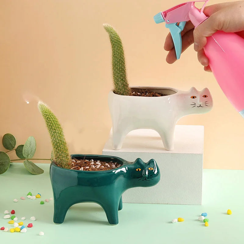 Cute Cat Ceramic Garden Flower Pot Animal Image Cactus Plants Planter Succulent Plant Container Tabletop Ornaments Decoration