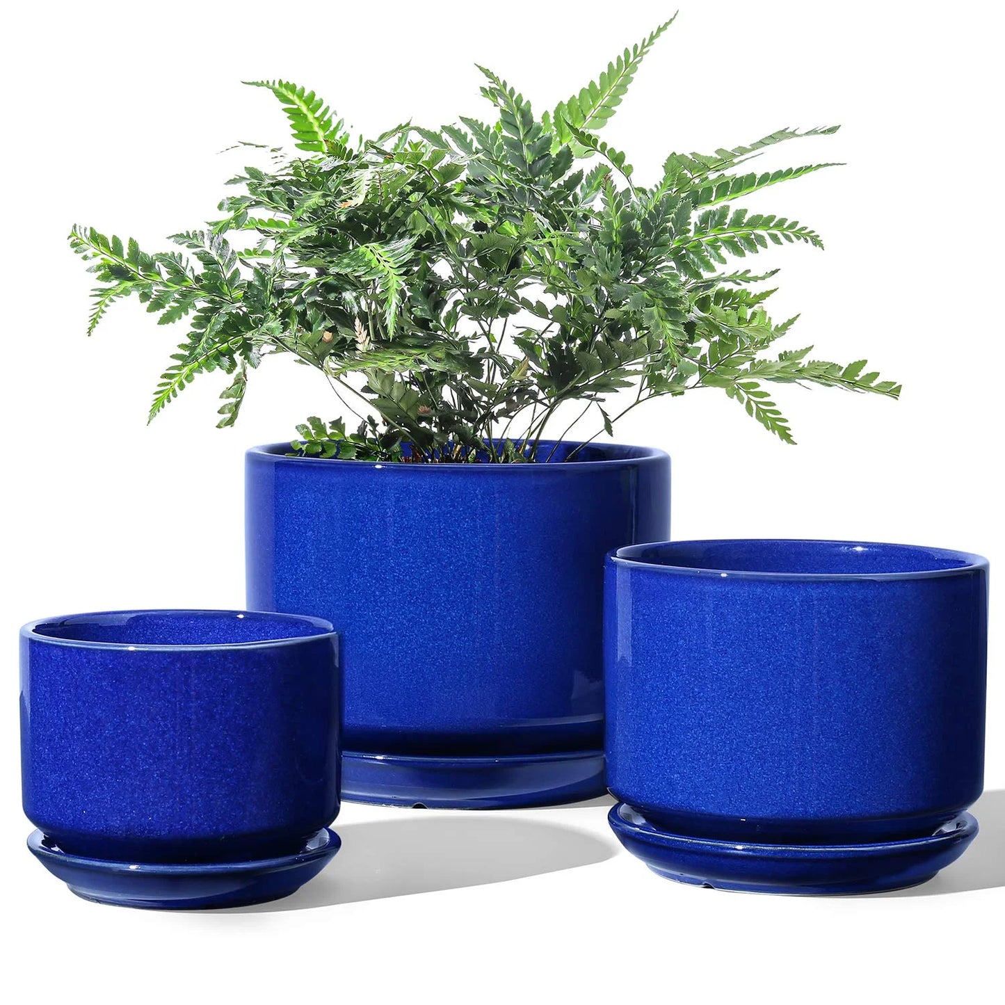 Ceramic Plant Pots, 4.3"+5.3"+6.8" Flower Pots with Drainage Hole & Saucer, Pack of Three Planter, Sapphire Blue