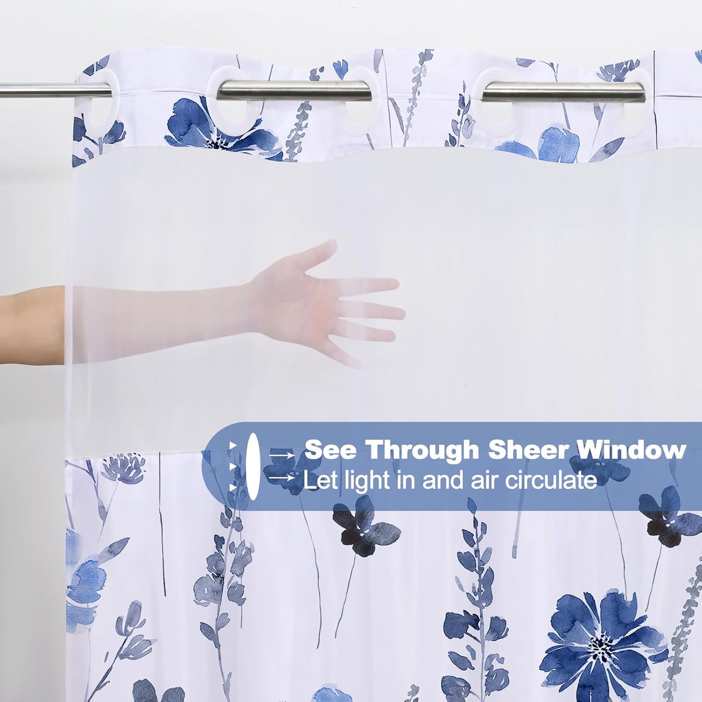 No Hook Shower Curtain with Snap in Liner, Blue Watercolor Floral Shower Curtain with Liner, Hotel Style Shower Curtain with See through Top Window, Double Layer, Waterproof, 71" X 74"