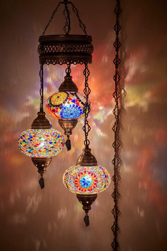 Turkish Moroccan Mosaic Swag Plug in Chandelier Ceiling Hanging Lamp Pendant Light Fixture Lighting, 15Ft Cord Chain and Plug, 3 Big Globes (Multicolor (Plug In))