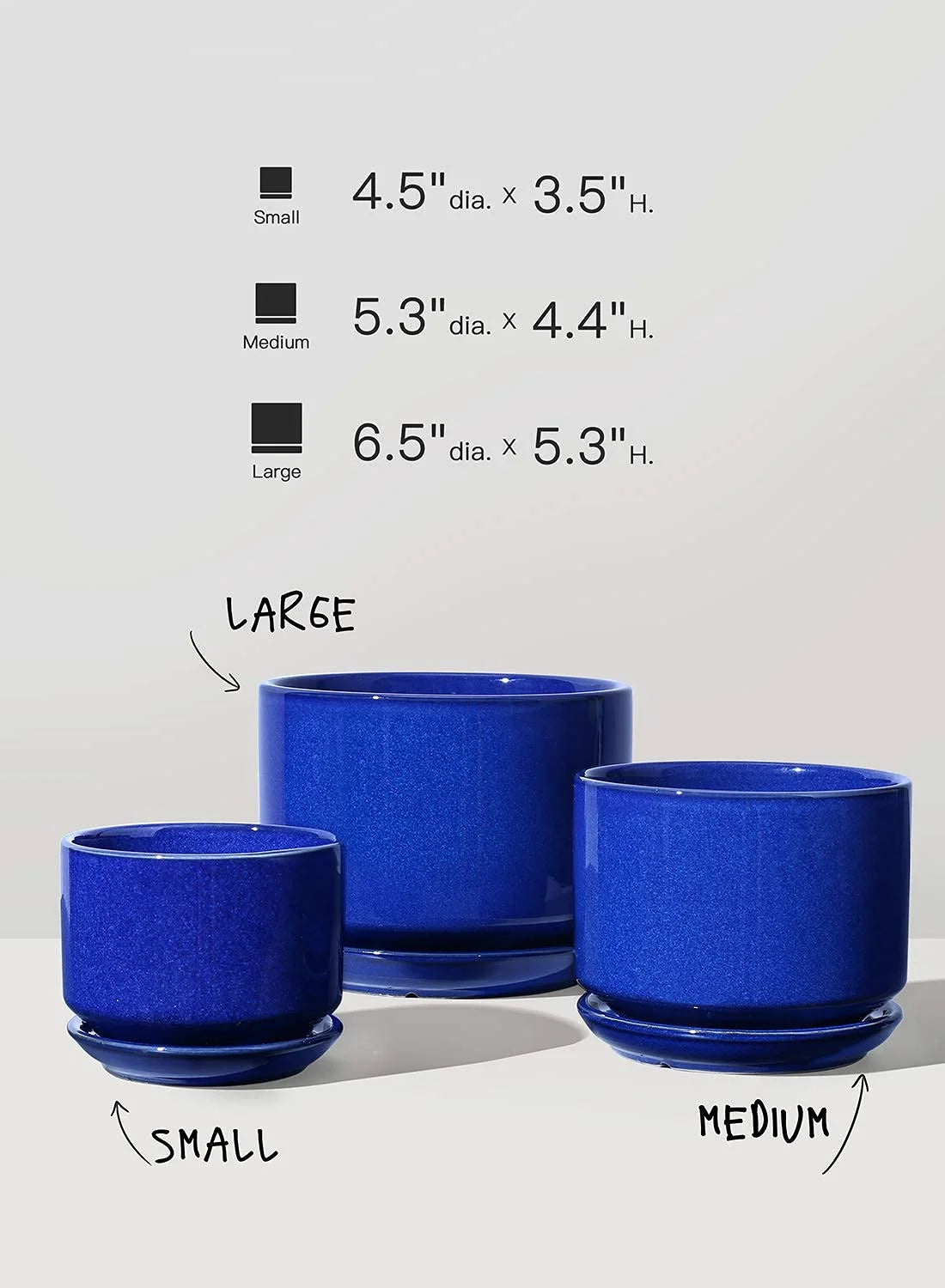 Ceramic Plant Pots, 4.3"+5.3"+6.8" Flower Pots with Drainage Hole & Saucer, Pack of Three Planter, Sapphire Blue