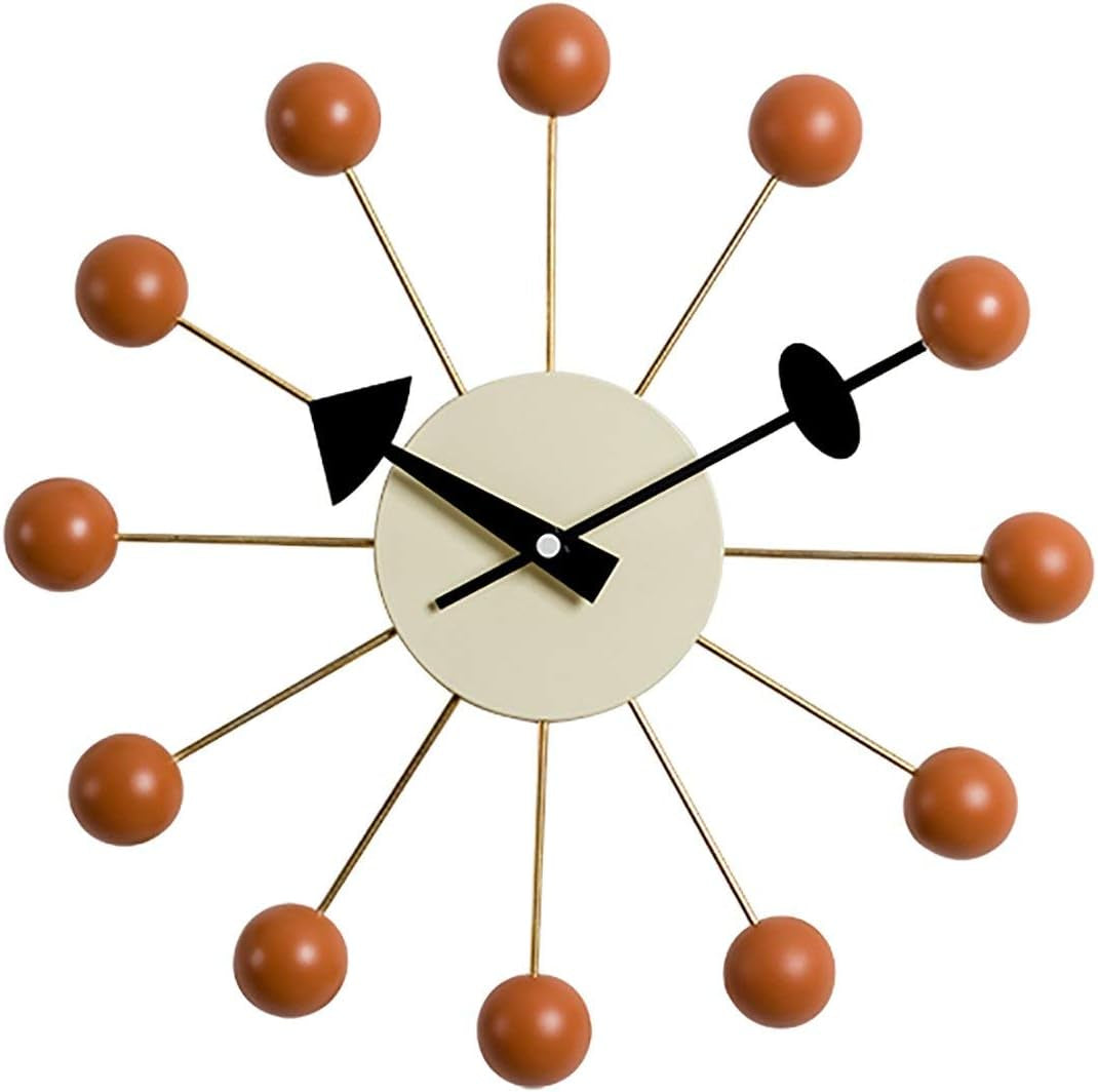 Mid Century Ball Clock, Painted Solid Wood Non Ticking Decorative Modern Silent Wall Clock for Home, Kitchen,Living Room,Office Etc. - Retro Design (Ball Clock in Orange)