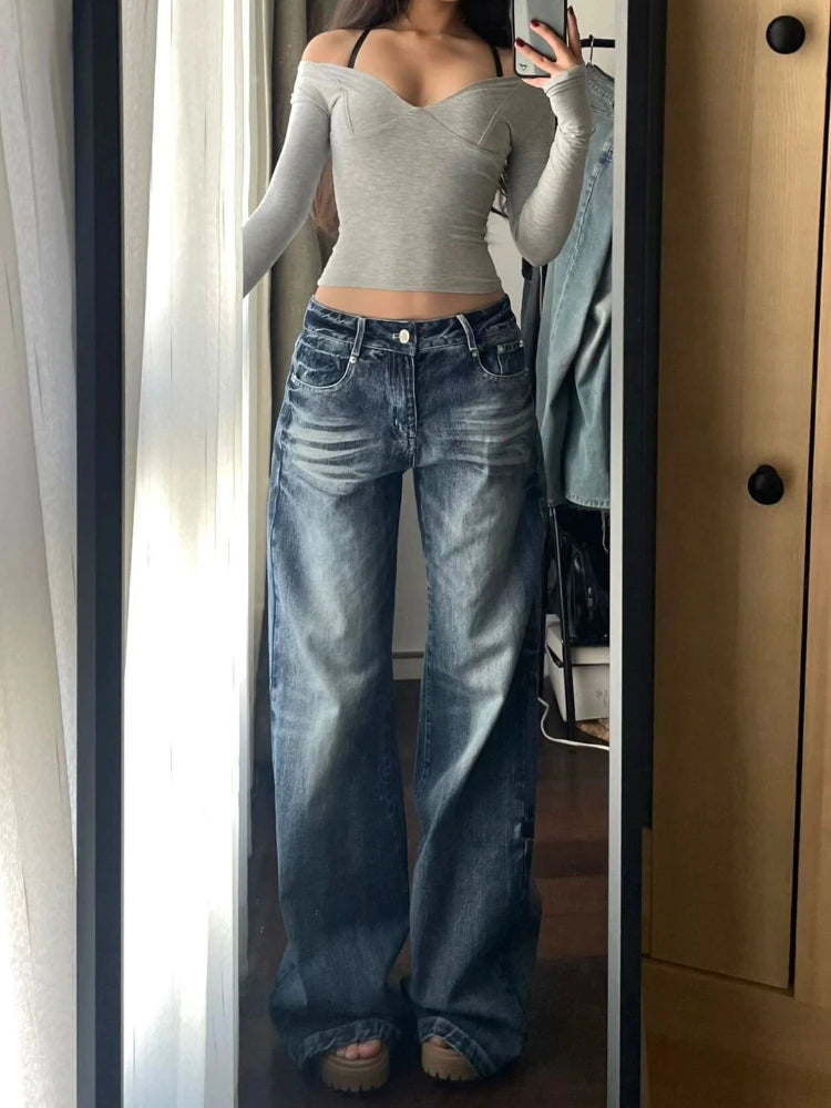 HOUZHOU Y2k Vintage Baggy Wide Leg Jeans for Women Washed Casual High