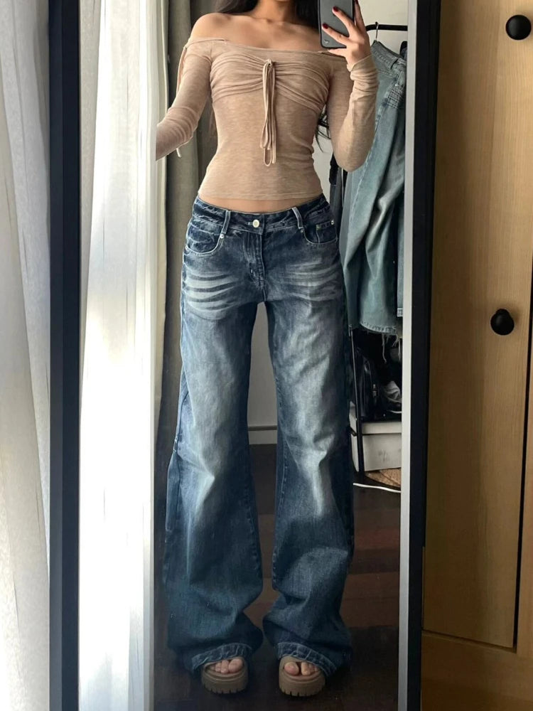 HOUZHOU Y2k Vintage Baggy Wide Leg Jeans for Women Washed Casual High