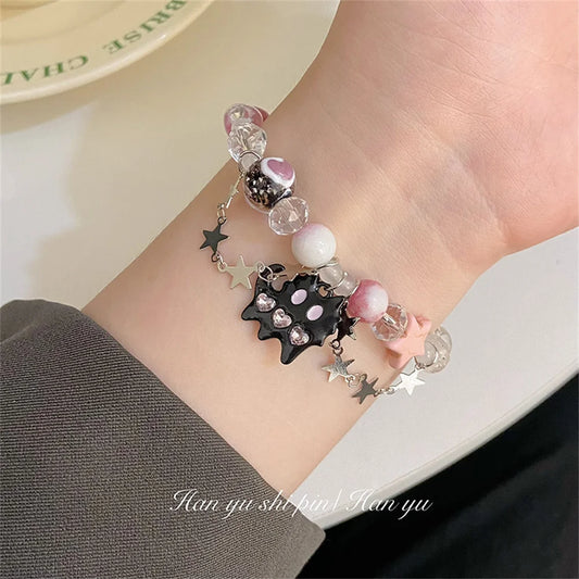 New Black Cat Heart Rhinestone Pentagram Star Beads Bracelet for Women