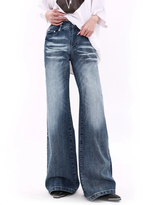 HOUZHOU Y2k Vintage Baggy Wide Leg Jeans for Women Washed Casual High