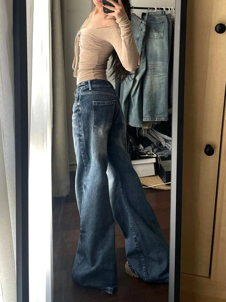 HOUZHOU Y2k Vintage Baggy Wide Leg Jeans for Women Washed Casual High