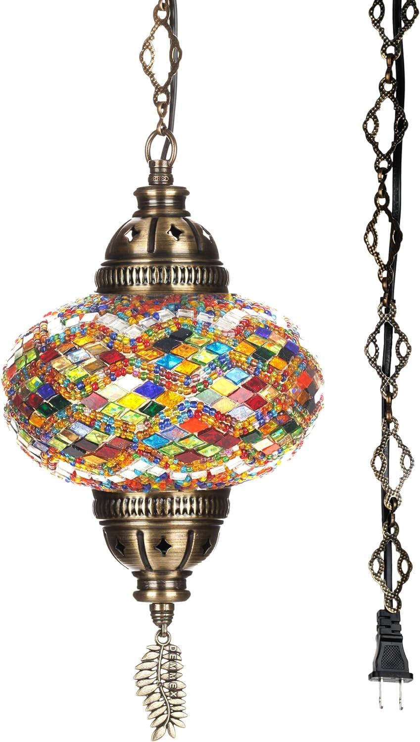 Authentic Turkish Plug in Pendant Light, 6.5" Big Size Globe, Made in Turkey, Turkish Moroccan Mosaic Ceiling Hanging Pendant Light Fixture Lamp, Swag Plug-In with 15Ft Cord and Chain