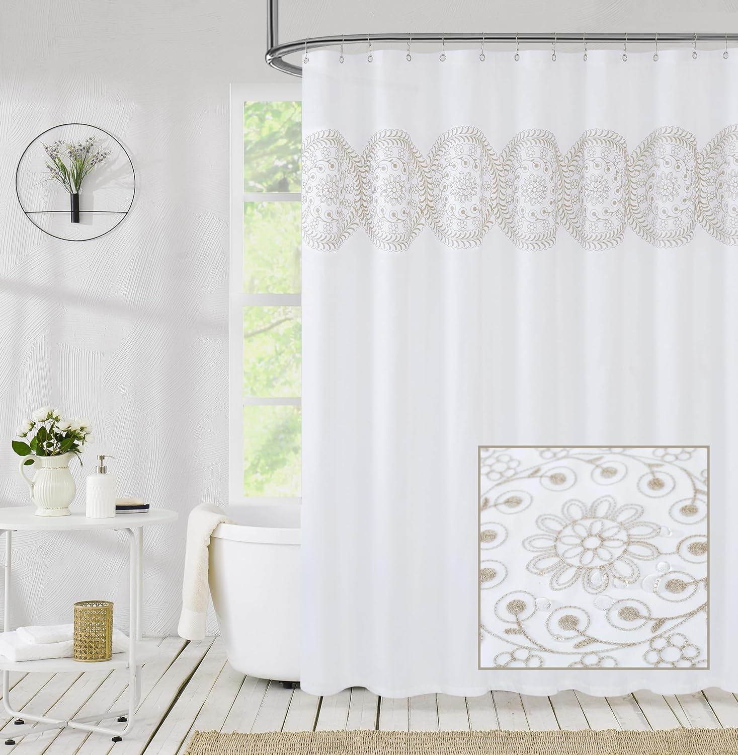 Tan and White Embroidered Shower Curtain for Bathroom, Farmhouse Boho Floral Fabric White and Beige/Ivory/Taupe/Cream Decorative Waterproof Rustic Bath Curtain for Spa Hotel, 70X72 Inches