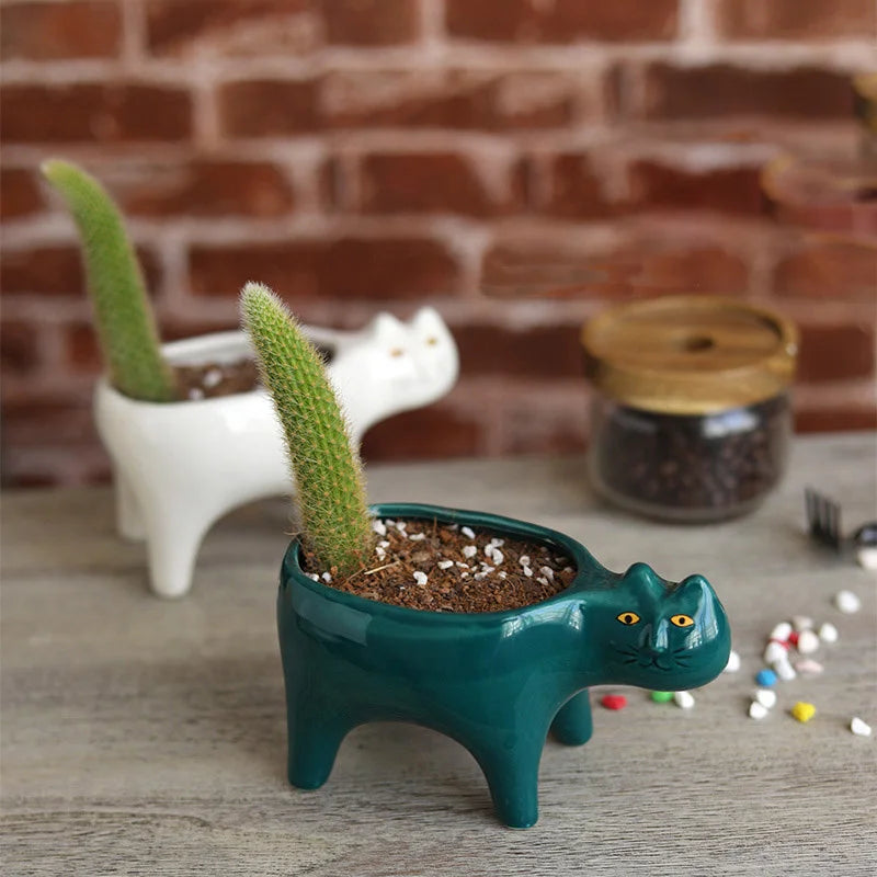 Cute Cat Ceramic Garden Flower Pot Animal Image Cactus Plants Planter Succulent Plant Container Tabletop Ornaments Decoration