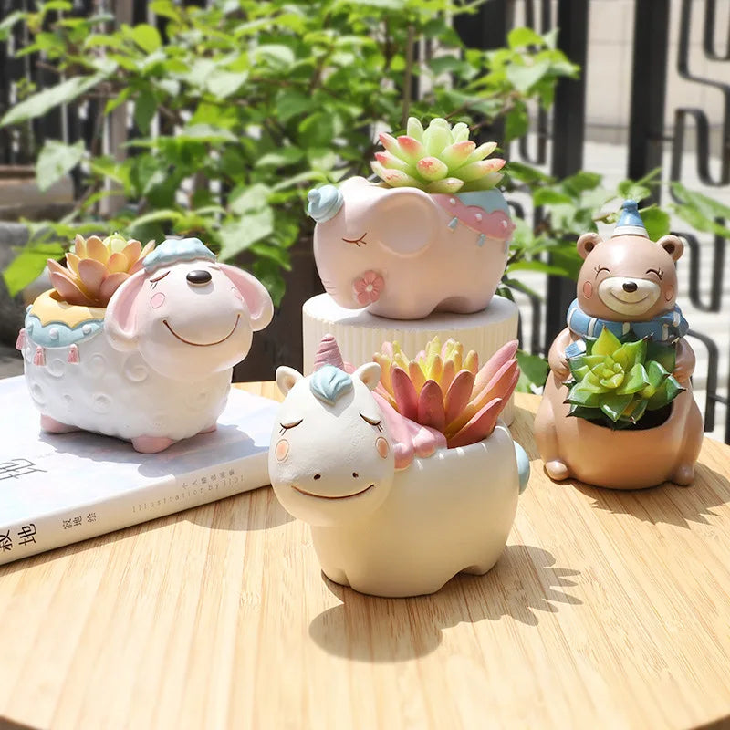 Cartoon Animal Flower Pot for Succulents Cactus Plants, Unicorn Elephant Bear Fairy Garden Figurine, Home Tabletop Decor