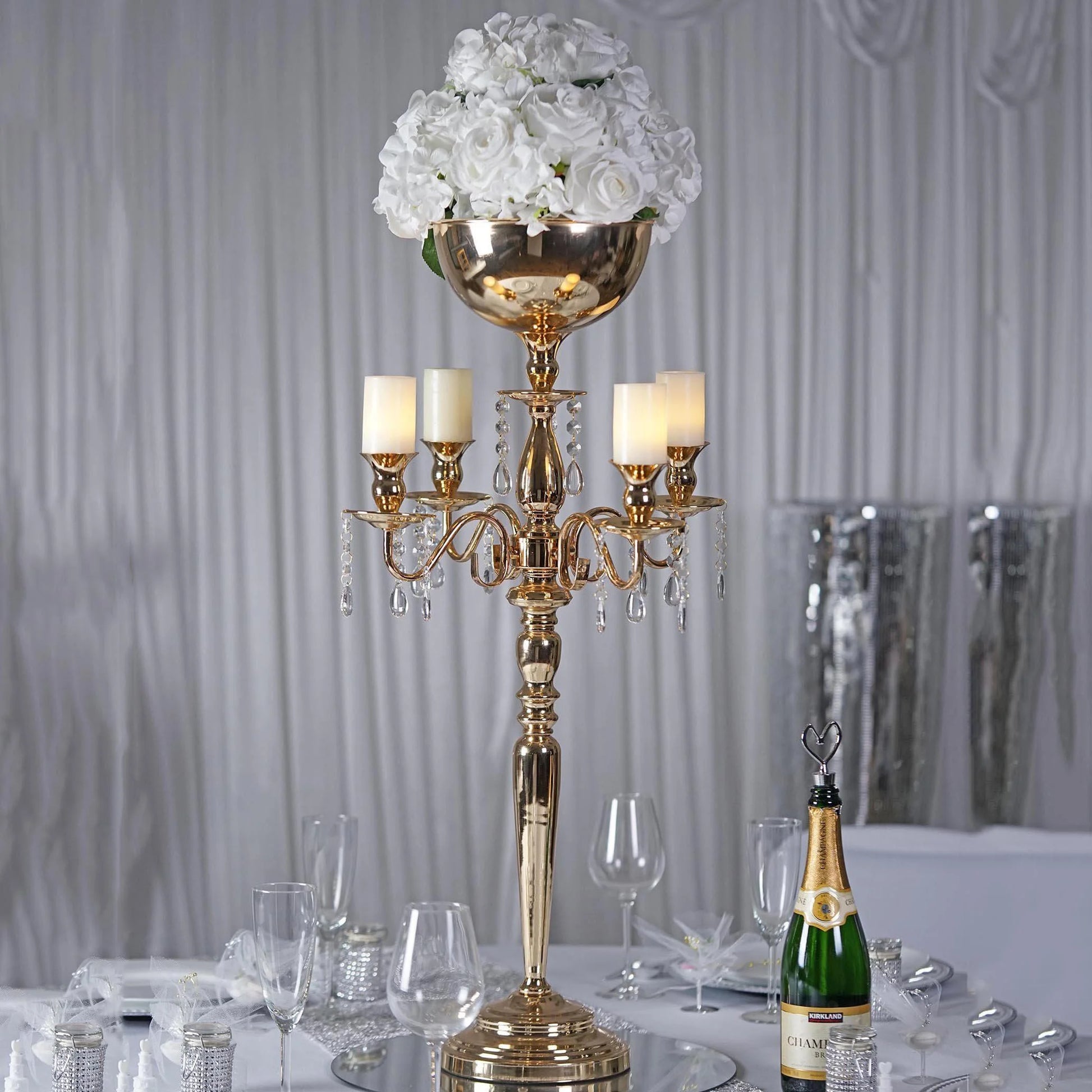 33" Tall Gold Arm Shiny Metal Candelabra Chandelier Votive Candle Holder Wedding Centerpiece